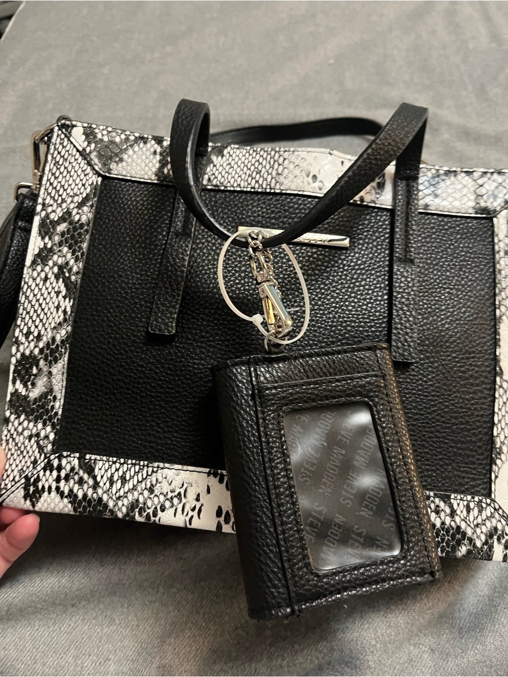Steve Madden Black Tote with White Snake-Print Trim and Card Holder